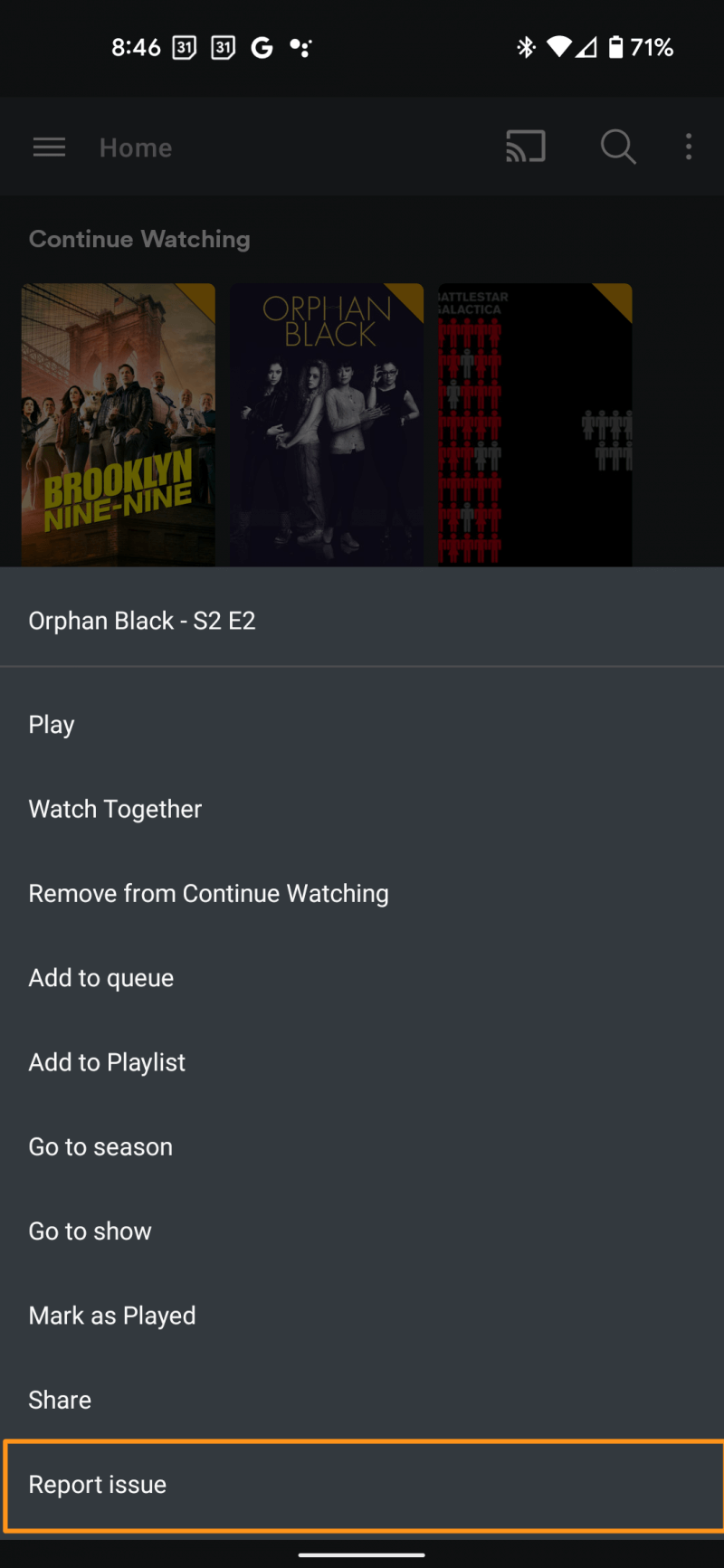 The details page in a mobile app of a TV show from a friend's Plex Media Server, showing the 'Report issue' action available in the context menu.