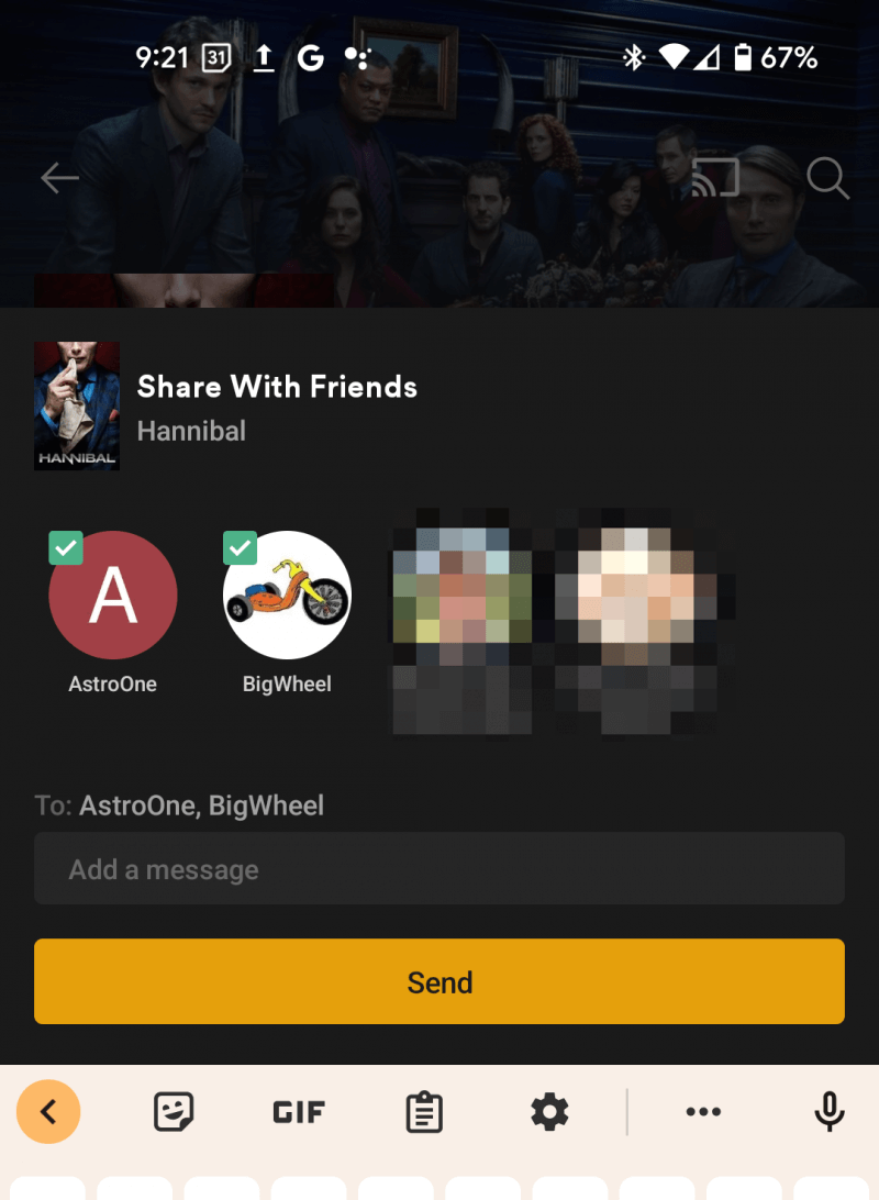 The 'Share With Friends' sheet in a mobile Plex app, showing a specific message being sent to several friends that were selected.