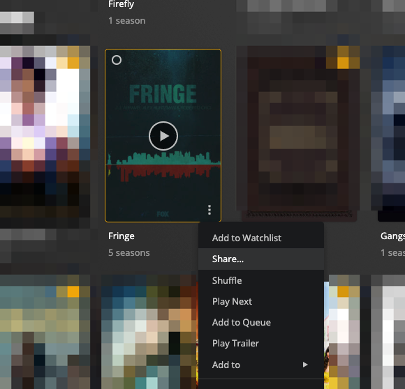 A library grid in the web app, showing the context menu for a particular TV show, with the 'Share...' action in the context menu highlighted.