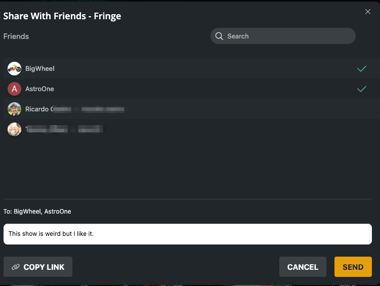 The 'Share With Friends' window in the web app, showing a specific message being sent to several friends that were selected.