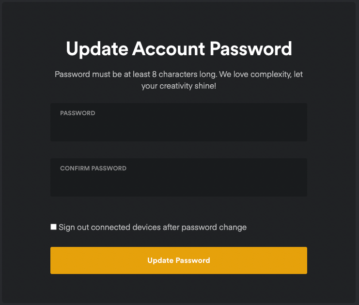 The password reset form to choose a new password for the Plex account. The user needs to specify the new password and to enter it a second time for confirmation. Optionally, the user can choose to 'Sign out connected devices after password change' for additional security.