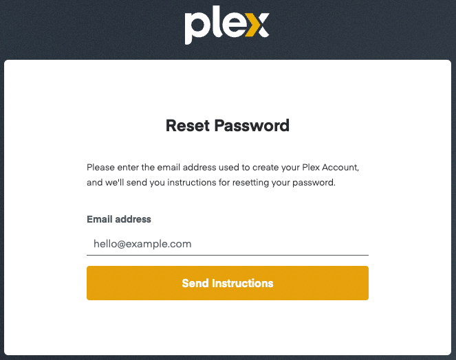 The password reset request page, where the user can submit the email address of the Plex account, to request a password reset email for that account.