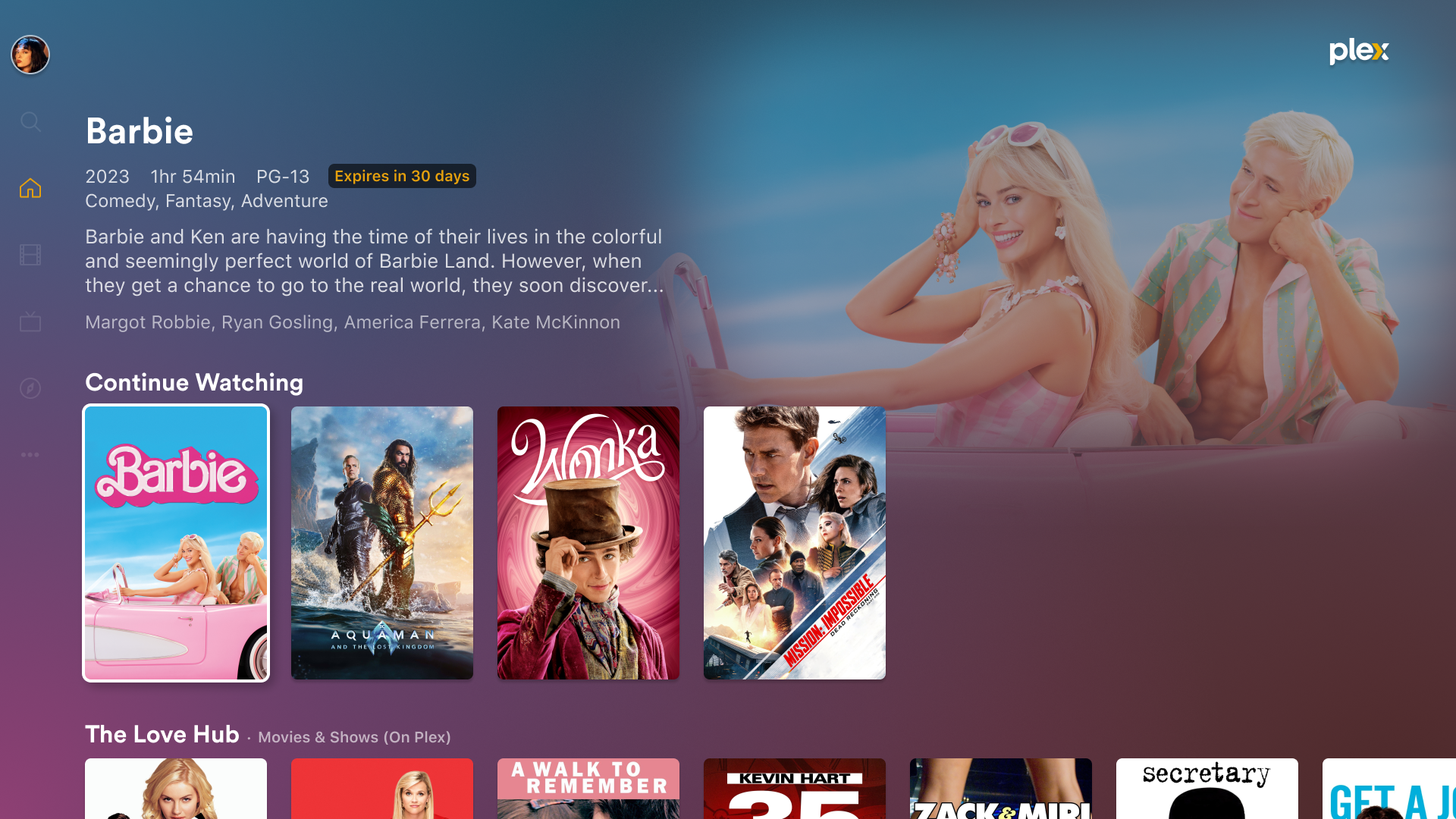 Plex app home screen, showing the Continue Watching row. The movie Barbie is the first item and is focused. In the data displayed for Barbie, a badge labeled 'Expires in 30 days' is displayed, indicating how long the user has to start playback of the rented movie.