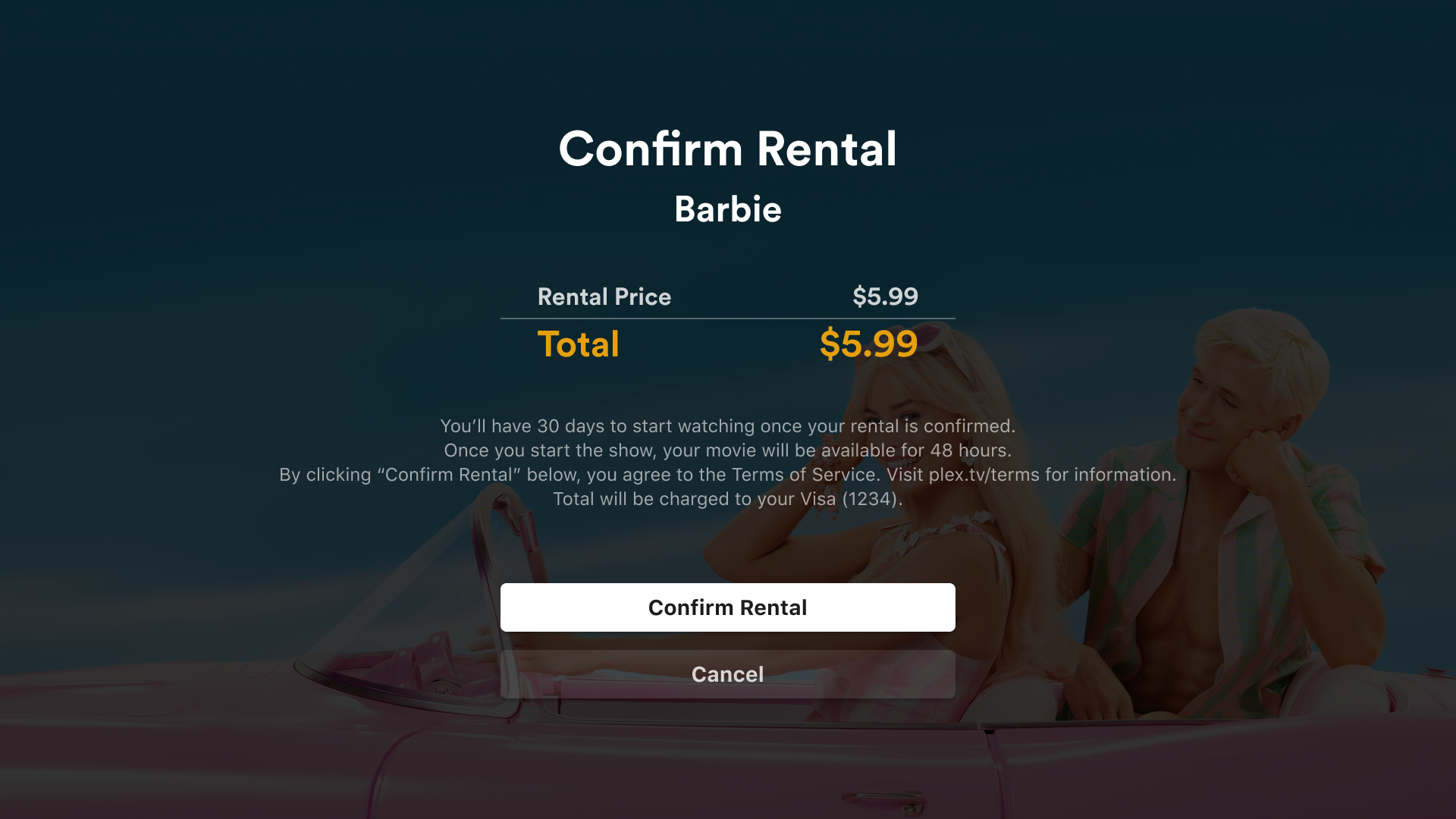 Screen titled Confirm Rental, prompting the user to confirm a rental of the movie Barbie for $5.99 USD. It includes information about how long the rental will be available, that continuing constitutes agreement with various Terms, and offers both Rent and Cancel buttons.