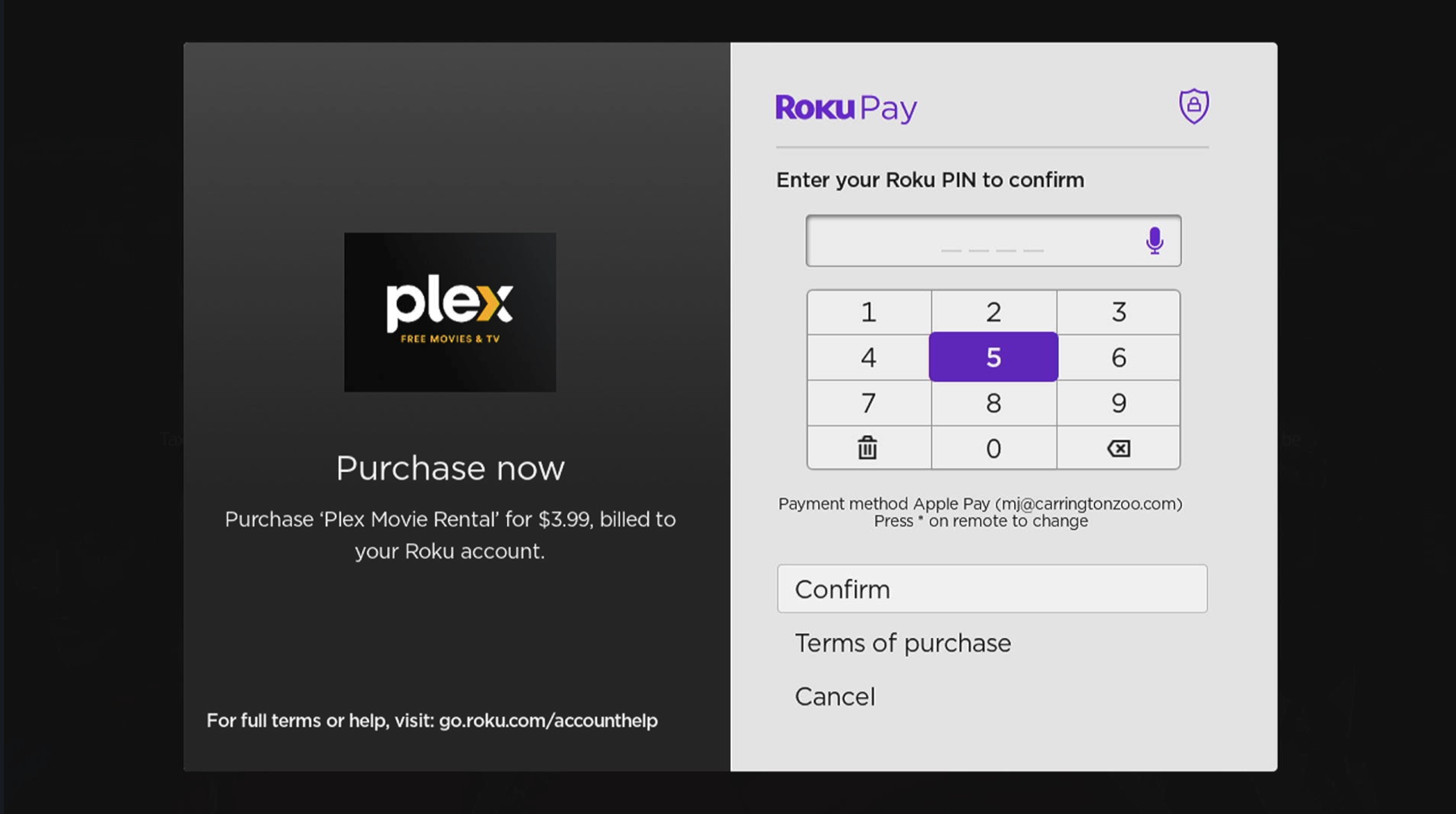 Roku app, showing a rental purchase confirmation page titled Purchase now. It indicates that $3.99 will be billed to the user's Roku account and prompts the user to enter their Roku PIN to select the Confirm button and complete the rental purchase.