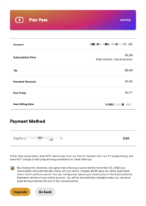 The summary page outlining the details of the selected subscription upgrade. That includes which Plex Pass plan was chosen, the subscription price, any taxes, how much will be charged today, which payment method will be charged, and more. The user must enable a checkbox related to specific terms before they can proceed to use the Upgrade button at the bottom to complete the upgrade.