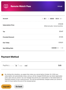 The summary page outlining the details of the selected subscription upgrade. That includes which plan was chosen, the subscription price, any taxes, how much will be charged today, which payment method will be charged, and more. The user must enable a checkbox related to specific terms before they can proceed to use the Upgrade button at the bottom to complete the upgrade.